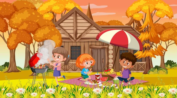 Autumn Scene Many Children Picnic Park Illustration — 图库矢量图片
