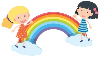 Two girls standing on clouds with rainbow illustration