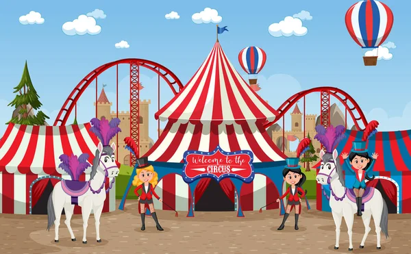 Escena Del Parque Atracciones Con Noria Cúpula Circo Ilustración — Vector de stock