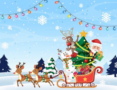 Santa Claus with reindeer sledge in snow falling illustration