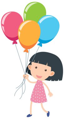 Little girl holding colourful balloons illustration