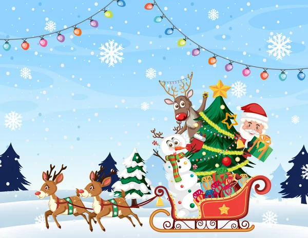 Santa Claus Reindeer Sledge Snow Falling Illustration — Vector de stock