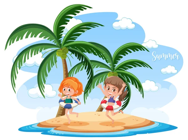 Isolated Beach Island Two Girls Wearing Swimwears Illustration — Stockový vektor