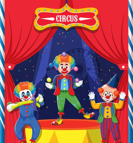 Three Clowns Cartoon Character Stage Illustration — Stock Vector