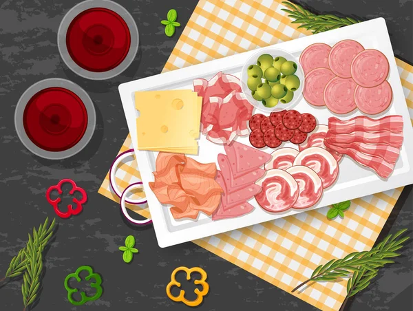 Lunch Fleisch Set Mit Verschiedenen Wurstwaren Auf Platte Illustration — Stockvektor