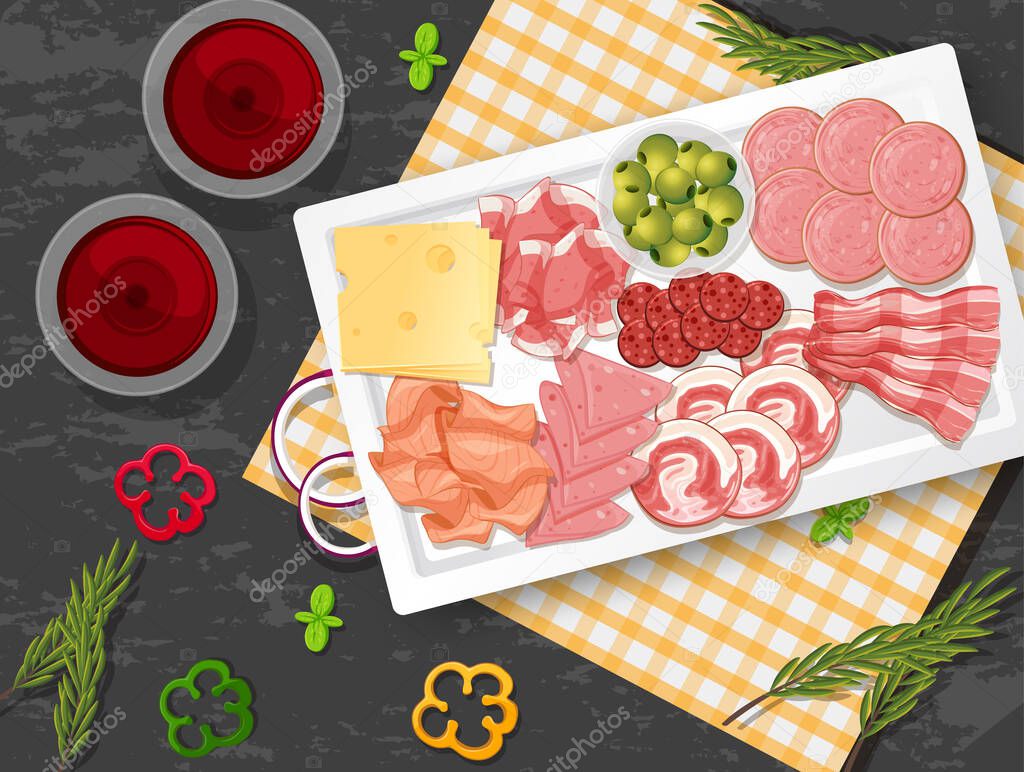 Lunch meat set with different cold meats on platter illustration