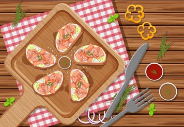 Smoked salmon bruschetta with vegatable ingredient on the wooden table background illustration