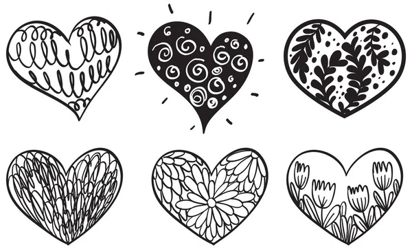 Uppsättning Olika Hjärtan Doodle Stil Illustration — Stock vektor