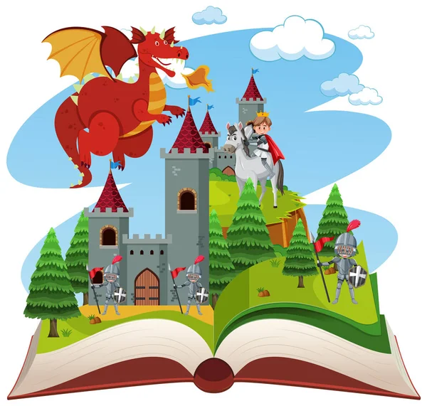 Knights Fight Dragon Castle Open Book Illustration — Wektor stockowy