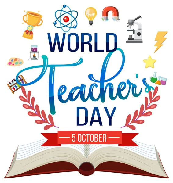 Happy Teacher Day Spanduk Dengan Ilustrasi Objek Sekolah - Stok Vektor