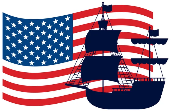 Silhouette Navire Christophe Colomb Avec Illustration Drapeau Des États Unis — Image vectorielle
