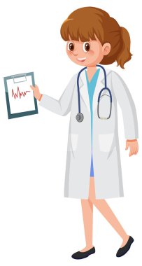 Beyaz arka planda bir kadın doktor çizgi film karakteri.