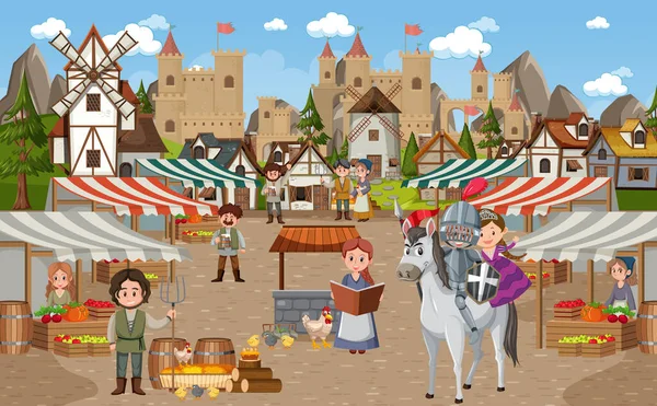 Cena Medieval Cidade Com Aldeões Mercado Ilustração — Vetor de Stock