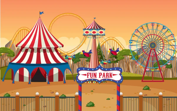 Scène Parc Attractions Avec Roue Ferris Illustration Dôme Cirque — Image vectorielle