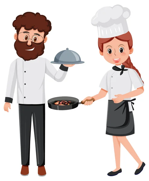 Chef Και Σερβιτόρος Χαρακτήρα Κινουμένων Σχεδίων Λευκό Φόντο Εικονογράφηση — Διανυσματικό Αρχείο