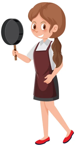 Woman Holding Pan Wearing Apron Cartoon Character White Background Illustration — Stock Vector