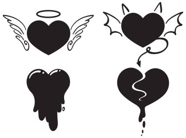 Siyah illüstrasyondaki farklı kalp stilleri