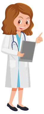 Beyaz arka planda bir kadın doktor çizgi film karakteri.