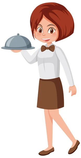 Młoda Kelnerka Serwująca Jedzenie Białe Tło Ilustracja — Wektor stockowy