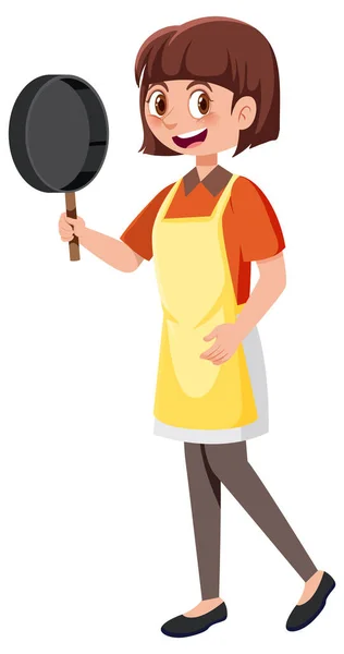 Woman Holding Pan Wearing Apron Cartoon Character White Background Illustration — Stock Vector