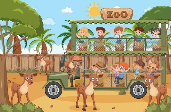 Escena Safari Con Niños Coche Turístico Viendo Ilustración Del Grupo — Archivo Imágenes Vectoriales