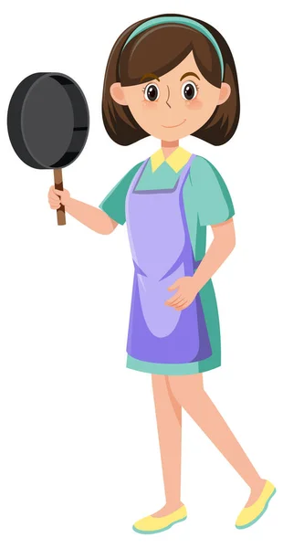 Woman Holding Pan Wearing Apron Cartoon Character White Background Illustration — Stock Vector