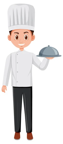 Chef Segurando Personagem Desenhos Animados Comida Fundo Branco Ilustração — Vetor de Stock