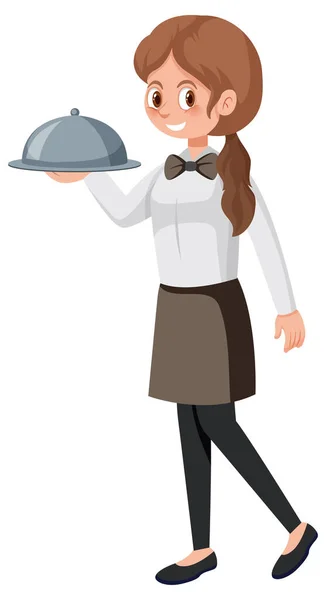 Une Jeune Serveuse Servant Nourriture Illustration Fond Blanc — Image vectorielle