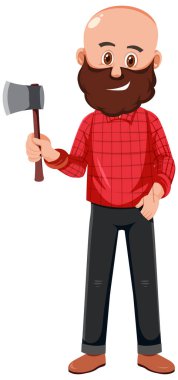 Beyaz arkaplan çiziminde balta taşıyan bir adam.