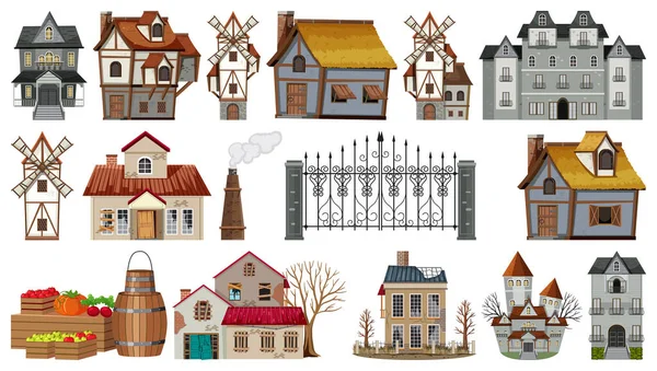 Conjunto Casas Edifícios Abandonados Ilustração —  Vetores de Stock