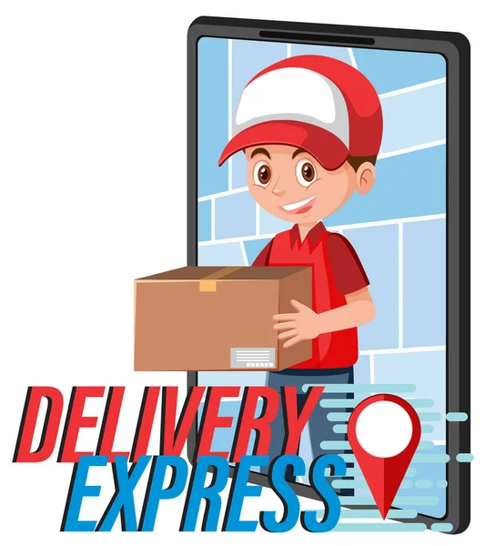 Delivery Express Wortmarke Mit Kurier Auf Smartphone Display Illustration — Stockvektor