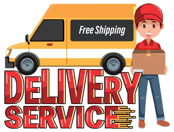 Lambang Logo Delivery Service Dengan Ilustrasi Karakter Kartun Kurir - Stok Vektor