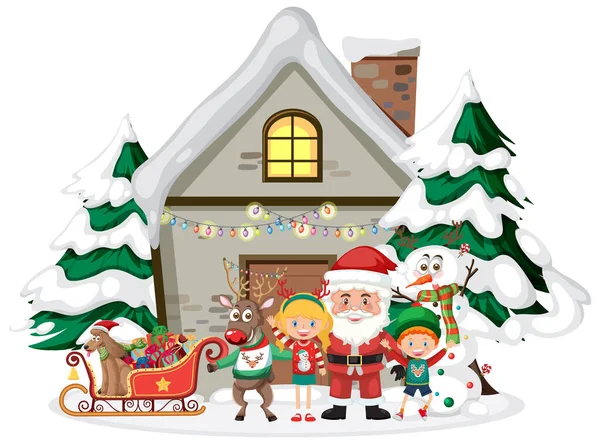 Weihnachtsmann Und Kinder Stehen Vor Dem Winterhaus — Stockvektor