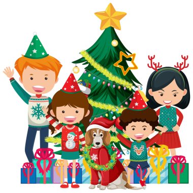 Noel temalı resimde mutlu aile