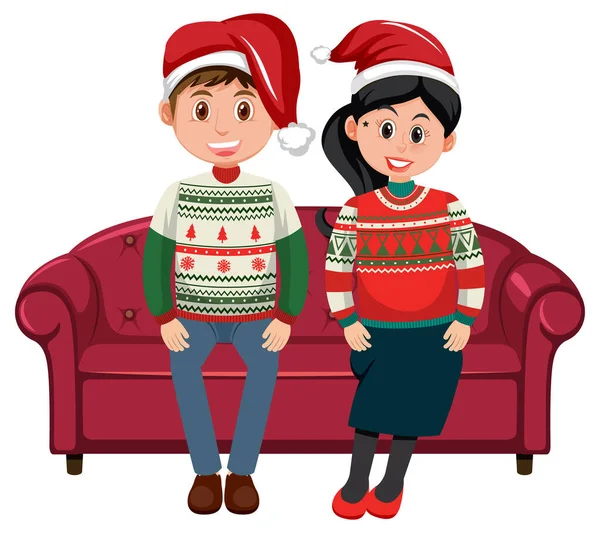 Ζευγάρι Άνδρας Και Γυναίκα Φορώντας Χριστούγεννα Ρούχα Εικονογράφηση — Διανυσματικό Αρχείο