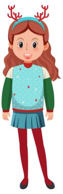 Beyaz arkaplanda Noel kıyafetleri giyen bir kız.