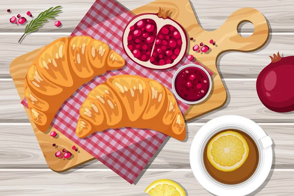 Croissant Mit Granatapfel Und Einer Tasse Zitronentee Auf Dem Tisch — Stockvektor
