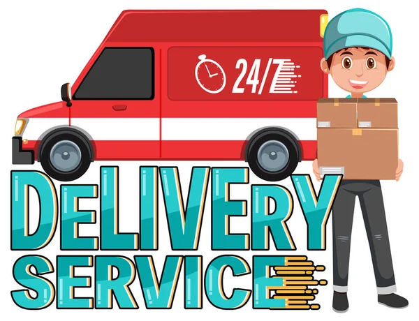 Delivery Service Woordmerk Met Koerier Leveren Pakketten Illustratie — Stockvector