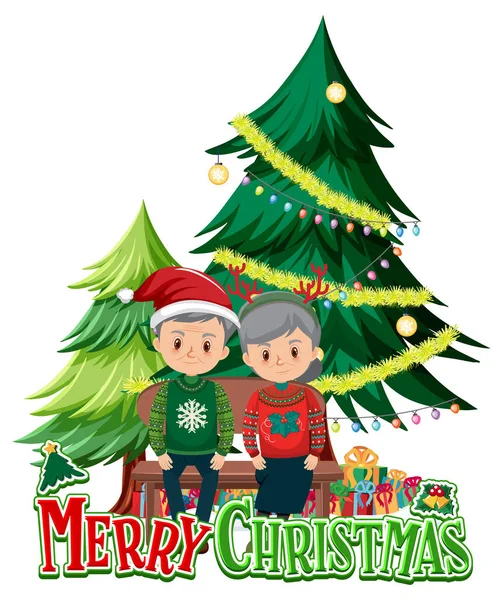 カップルとクリスマスツリーイラスト付きメリークリスマスのロゴ — ストックベクタ