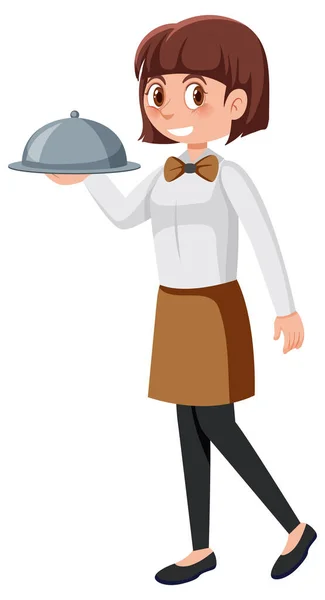 Une Jeune Serveuse Servant Nourriture Illustration Fond Blanc — Image vectorielle