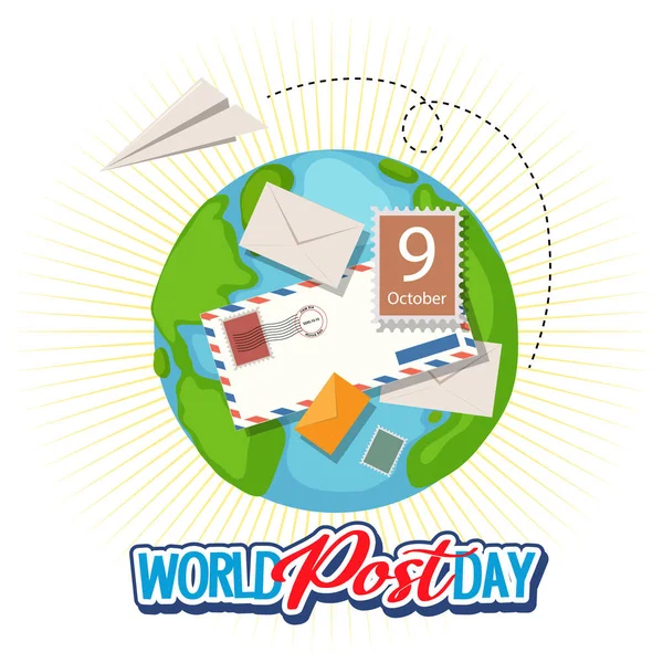 World Post Day Banner Envelope Stamp Earth Illustration — Stock Vector