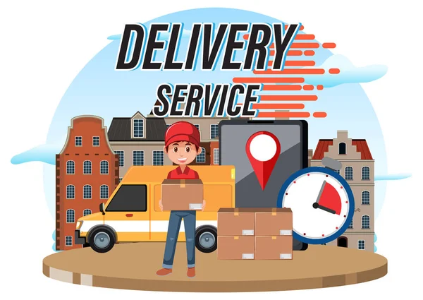 Delivery Service Logotípus Futárral Rajzfilm Stílusú Illusztráció — Stock Vector