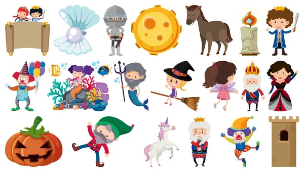 Conjunto Personajes Dibujos Animados Cuento Hadas Aislados Ilustración Objetos — Vector de stock