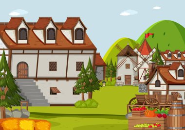 Antik ortaçağ köyü manzara çizimi