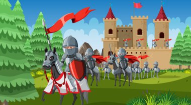 Atlı ortaçağ şövalyelerinin yürüdüğü açık hava sahnesi