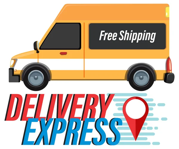 Delivery Express Wortmarke Mit Kastenwagen Und Location Pin Illustration — Stockvektor