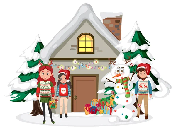 Ευτυχισμένη Οικογένεια Γιορτάζει Χριστούγεννα Στο Σπίτι Εικονογράφηση — Διανυσματικό Αρχείο