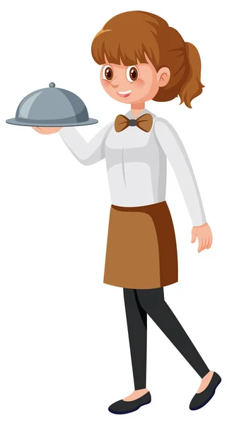 Leuke Serveerster Serveert Voedsel Illustratie — Stockvector