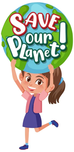 Speichern Sie Unseren Planeten Logo Mit Niedlichen Mädchen Zeichentrickfigur Illustration — Stockvektor