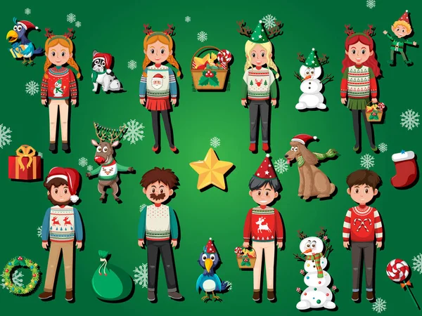 Různé Kreslené Postavičky Sobě Vánoční Oblečení Ilustrace — Stockový vektor